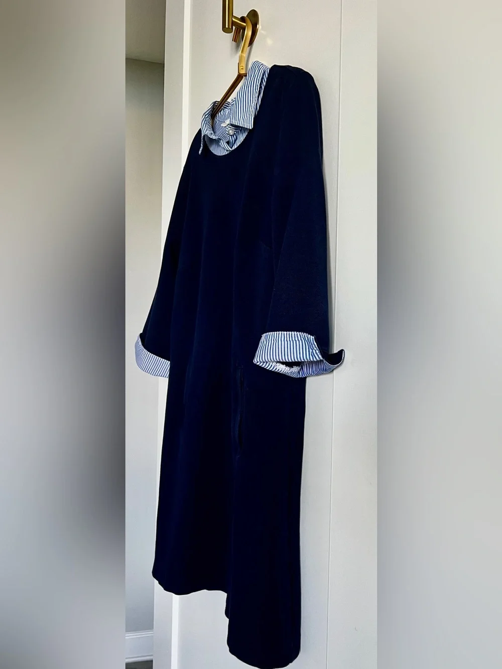 Talbots Navy Blue Cotton Dress Striped Collar Coastal Preppy Pockets Size Medium - Picture 6 of 16
